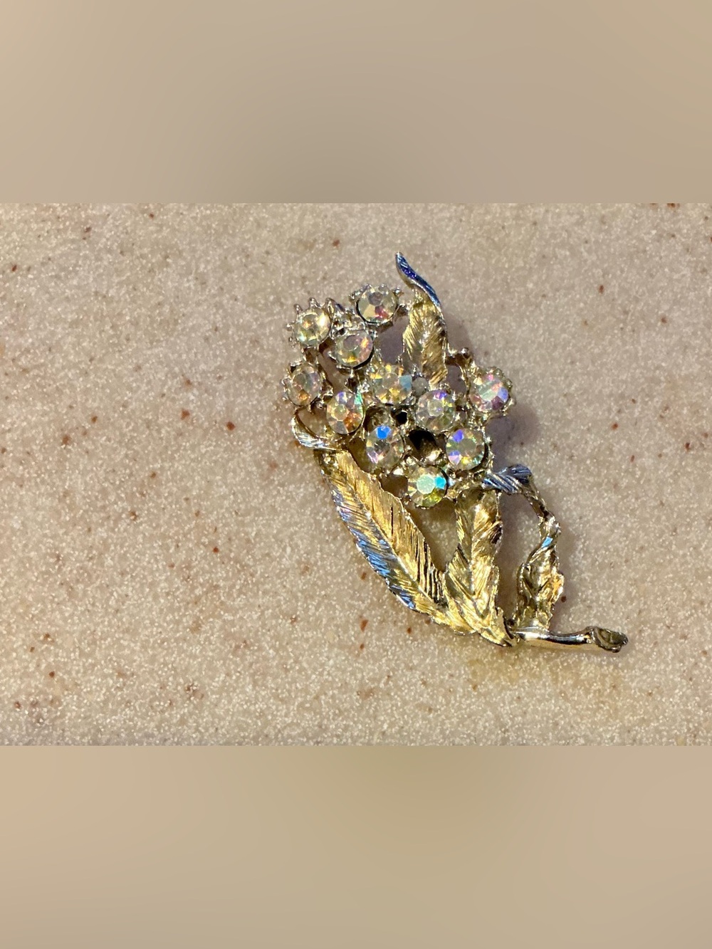 Gold Tone Floral Aurora Borealis Rhinestone Brooch